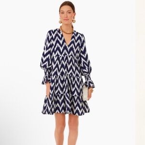 Pomander Place Kenzo Navy and White Ikat Long Sleeve Dress